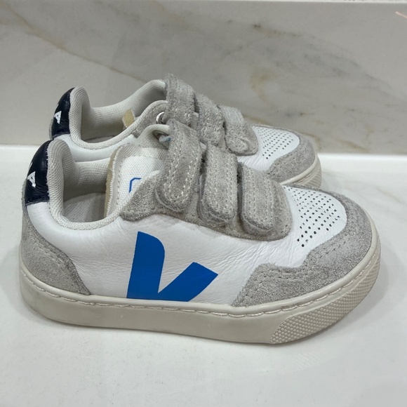 VEJA Kids Leather Sneakers White Gray Blue Velcro - Picture 2 of 7